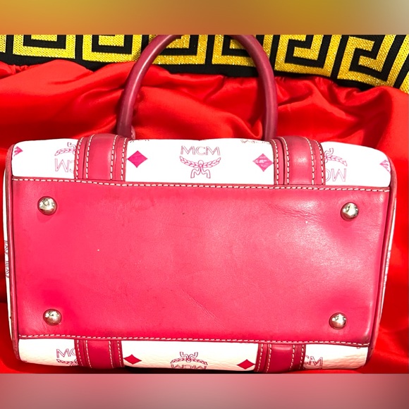 Red and White MCM Small Boston Satchel Bag w/ Brown Suede liner. MCM Monogram - Picture 11 of 16